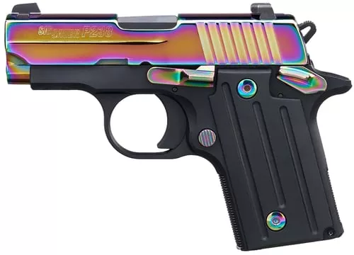 Sig Sauer 238380RBT2 P238Micro-Compact Frame 380 ACP 6+1 2.70" Black Steel Barrel, High Polished Rainbow Titanium PVD Serrated Stainless Steel Slide, Black Anodized Alloy Steel Frame, Polymer Grip