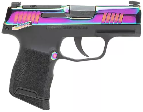 Sig Sauer 365380RBTMS P365Micro-Compact 380 ACP 10+1 3.10" Black Carbon Steel Barrel, Rainbow Titanium Optic Ready/Serrated Slide, Black Steel Frame w/Rainbow Accents, Black Polymer Grips