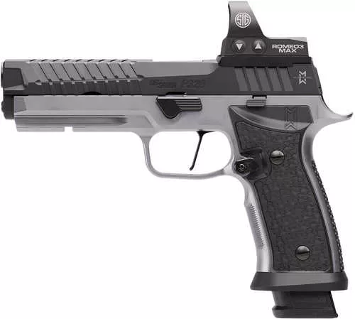 Sig Sauer P320 SXG MAX Full Size Frame 9mm Luger 21+1 5" Black Match Grade Bull Barrel, Black Nitron Stainless Steel Optic Ready/Serrated Slide, Matte Stainless Steel Frame w/Accessory Rail, Hogue Aluminum Grip Panels, Sig ROMEO3 MAX 6 MOA Re