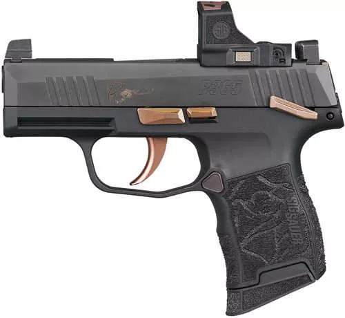 Sig Sauer P365 Rose Kit Micro Compact 380 ACP 10+1 3.10" Black Nitron Stainless Steel Serrated w/Optic Slide, Black Nitron w/Rose Accents Stainless Steel Frame w/Accessory Rail, LXG Laser Engraved Grip, Sig ROMEO-RS Compact, RMSc Footpr