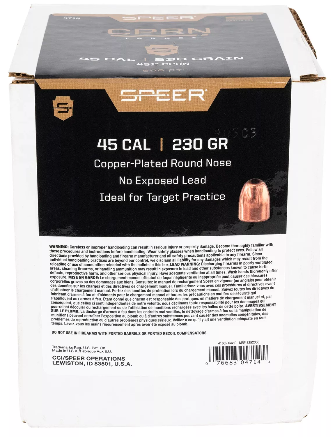Speer 4714 Handgun45Cal 230gr Round Nose 500 Per Box/3 Case