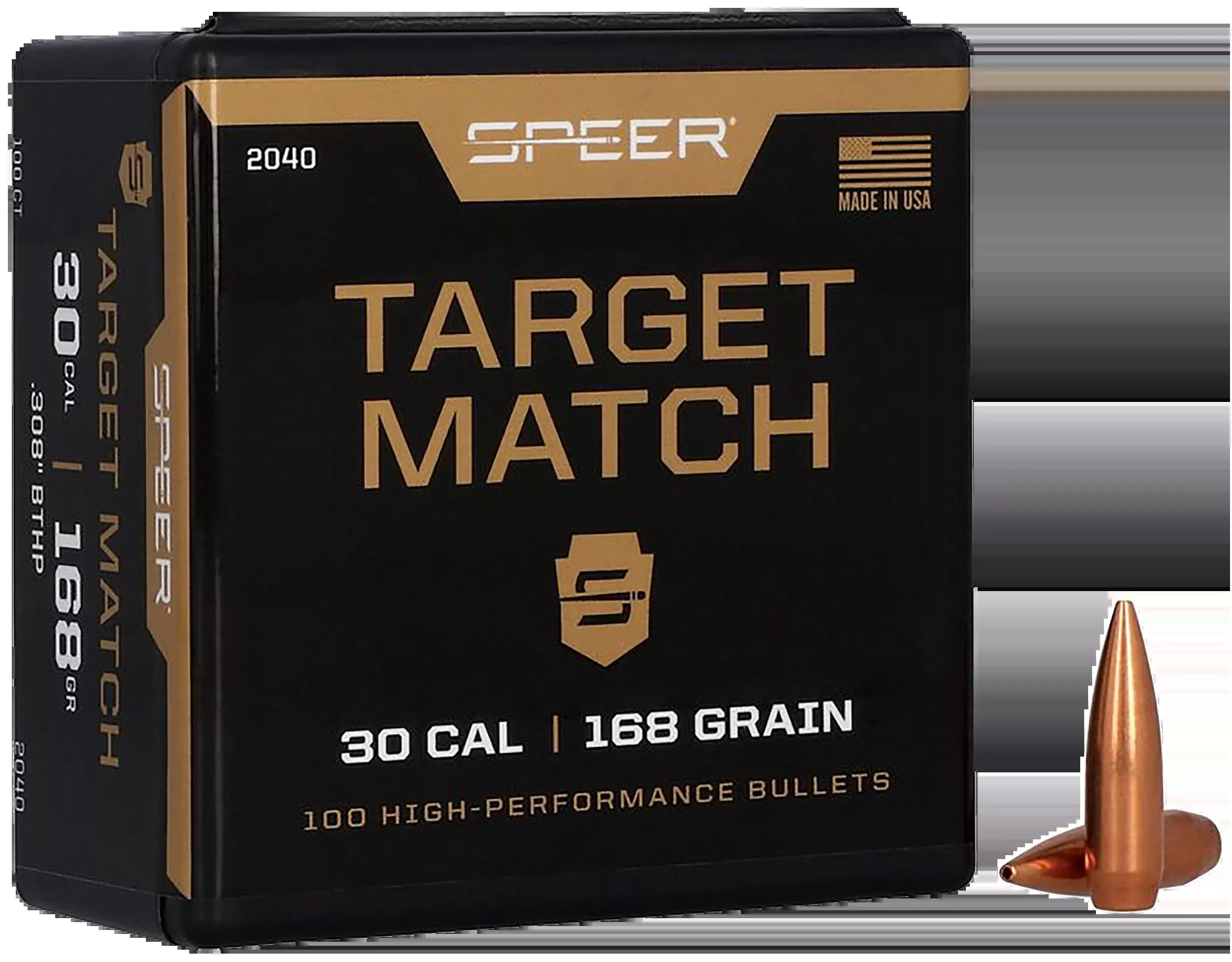 Speer Ammo 2040 Target Match .308 30 Cal 168gr Open Tip Match Boat Tail Reloading Bullets - 100/Box