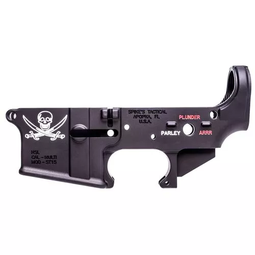 Spikes STLS016CFA Calico Jack Stripped Lower Receiver Multi-Caliber 7075-T6 Aluminum Black Anodized with Color Fill for AR-15