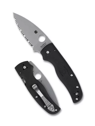 Spyderco Shaman Lightweight Folding Knife - 3.58" CTS-BD1N Stonewashed Serrated Blade, Black FRN Handles, Compression Lock - C229SBK