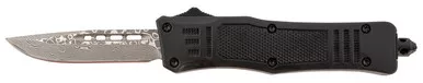 Steel River Knives Spartan Mini OTF Knife - 2.75" Damascus Drop Point Blade, Black Aluminum Zinc Alloy Handle