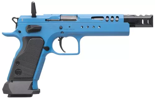 Tanfoglio IFG TFDOM9 Domina9mm Luger Caliber with 5.20" Barrel, 17+1 or 19+1 Capacity, Overall Blue Finish Steel, Beavertail Frame, Ported Slide & Black Polymer Grip