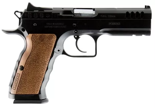 Tanfoglio IFG TFSTOCKI10 Defiant Stock I 10mm Auto Caliber with 4.50" Barrel, 13+1 Capacity, Overall Black Finish Steel, Picatinny Rail/Beavertail Frame, Serrated Slide & Wood Grip