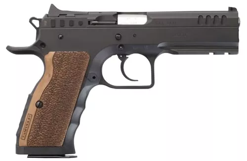 Tanfoglio IFG TFSTOCKI9 Defiant Stock I 9mm Luger Caliber with 4.50" Barrel, 16+1 Capacity, Overall Black Finish Steel, Picatinny Rail/Beavertail Frame, Serrated Slide & Wood Grip