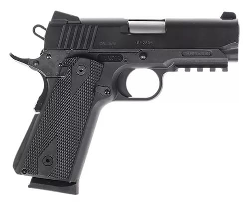 Tanfoglio TFPUGIO9 PugioCompact 9mm Luger 10+1 3.54" Stainless Bull Barrel, Black Steel Serrated Slide, Black Polymer Frame w/Beavertail & Picatinny Rail, Textured Grip