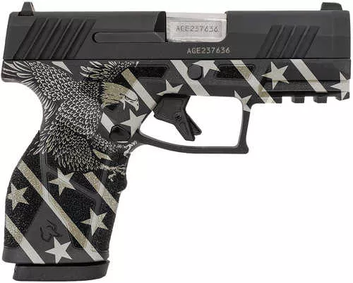 Taurus GX2 Compact Frame Pistol 9mm Luger 10+1 3.38" Stainless Steel Barrel, Matte Black Serrated Alloy Steel Slide, Black w/Eagle, Stars & Stripes Polymer Frame w/Accessory Rail