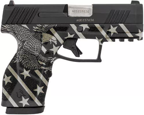 Taurus GX2 Compact Frame Pistol 9mm Luger 13+1 3.38" Stainless Steel Barrel, Matte Black Serrated Alloy Steel Slide, Black w/Eagle, Stars & Stripes Polymer Frame w/Accessory Rail