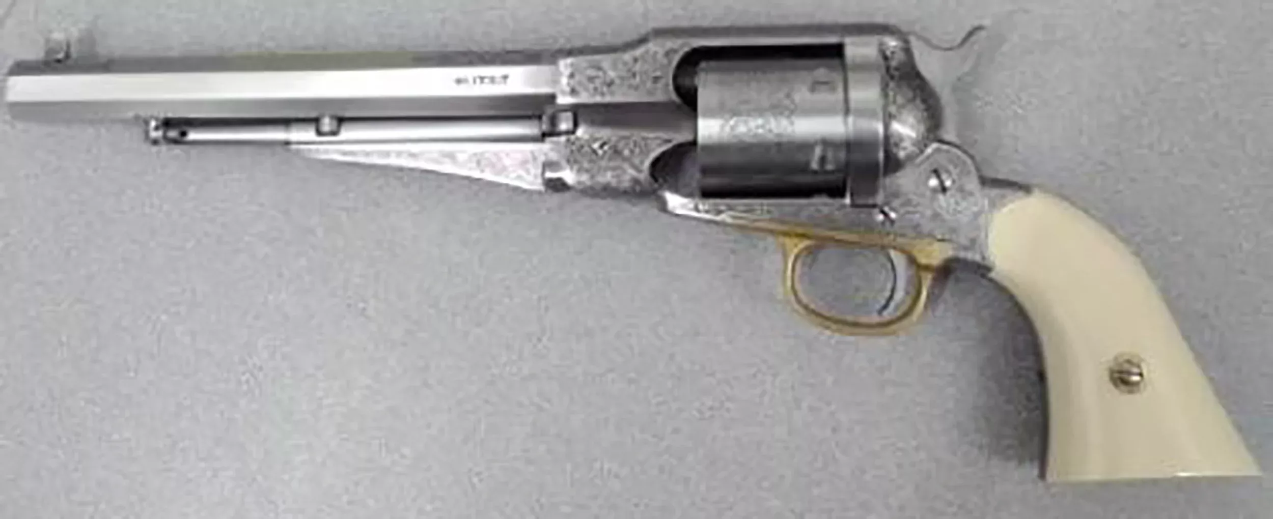 Taylor's & Company 1858 Remington Conversion 45 LC 8" 6-Rd SAO Revolver - Nickel Engraved Ivory Grip