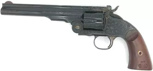 Taylors & Company Top Break Schofield 44-40 Win 6rd 7" Blued Engraved Steel Walnut Grip