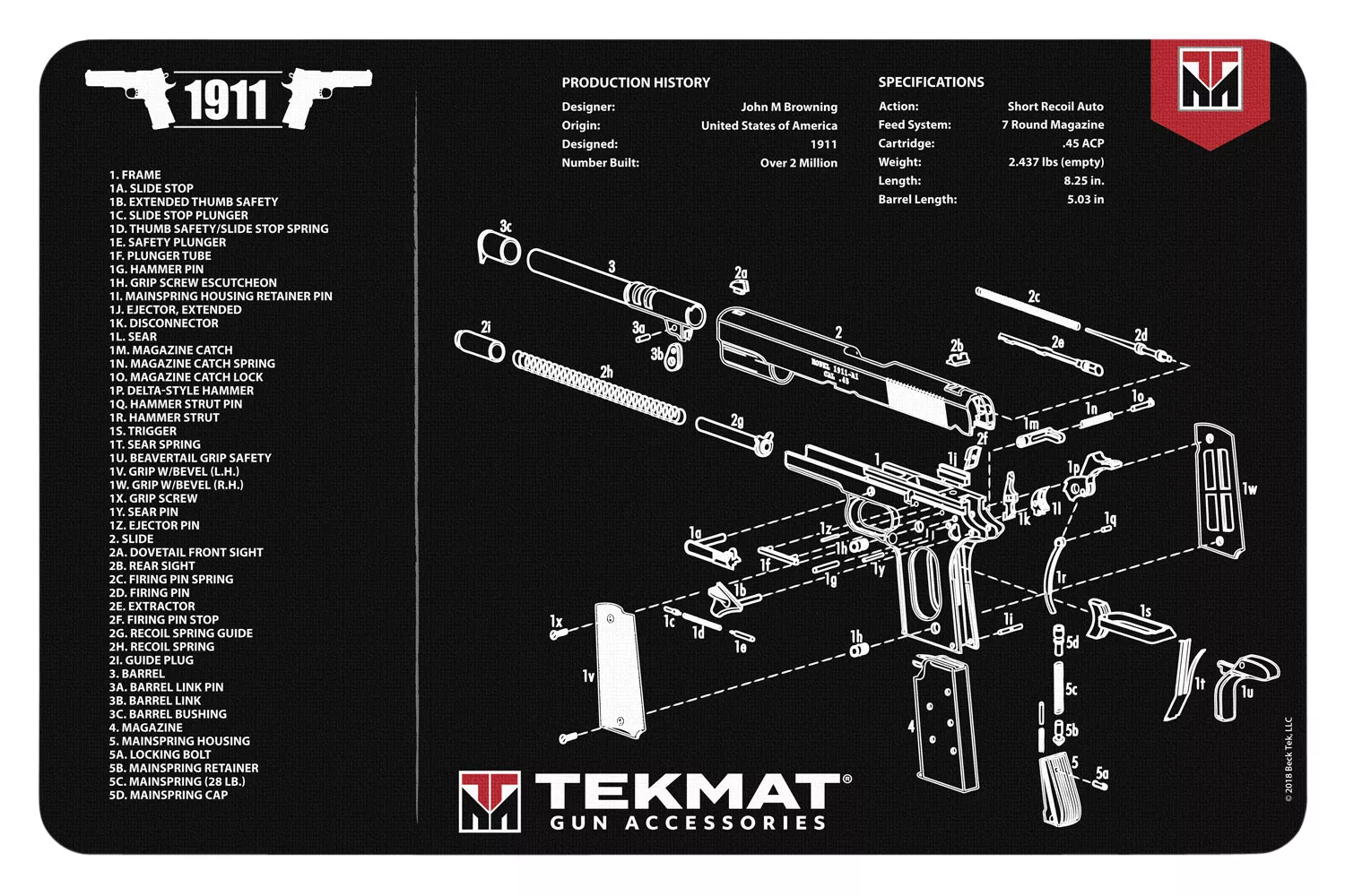TekMat TEKR171911 1911 Cleaning Mat Black/White Rubber 11″x17″ 1911 Parts Diagram
