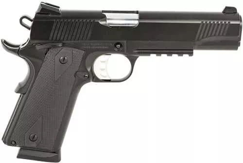 Tisas Arms 1911 Duty 9mm Luger 9+1 5" Stainless Barrel, Black Cerakote Carbon Steel Serrated Slide & Frame w/Picatinny Rail, Black Rubber Grip