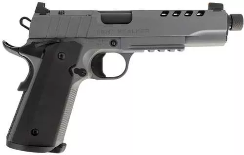 Tisas Arms 1911 Night Stalker SF 45 ACP 8+1 5.11" Black Threaded Barrel, Gray Cerakote Carbon Steel Lightening Cut/Serrated Slide, Gray Cerakote Carbon Steel Frame w/Beavertail & Picatinny Rail, Aluminum Grip