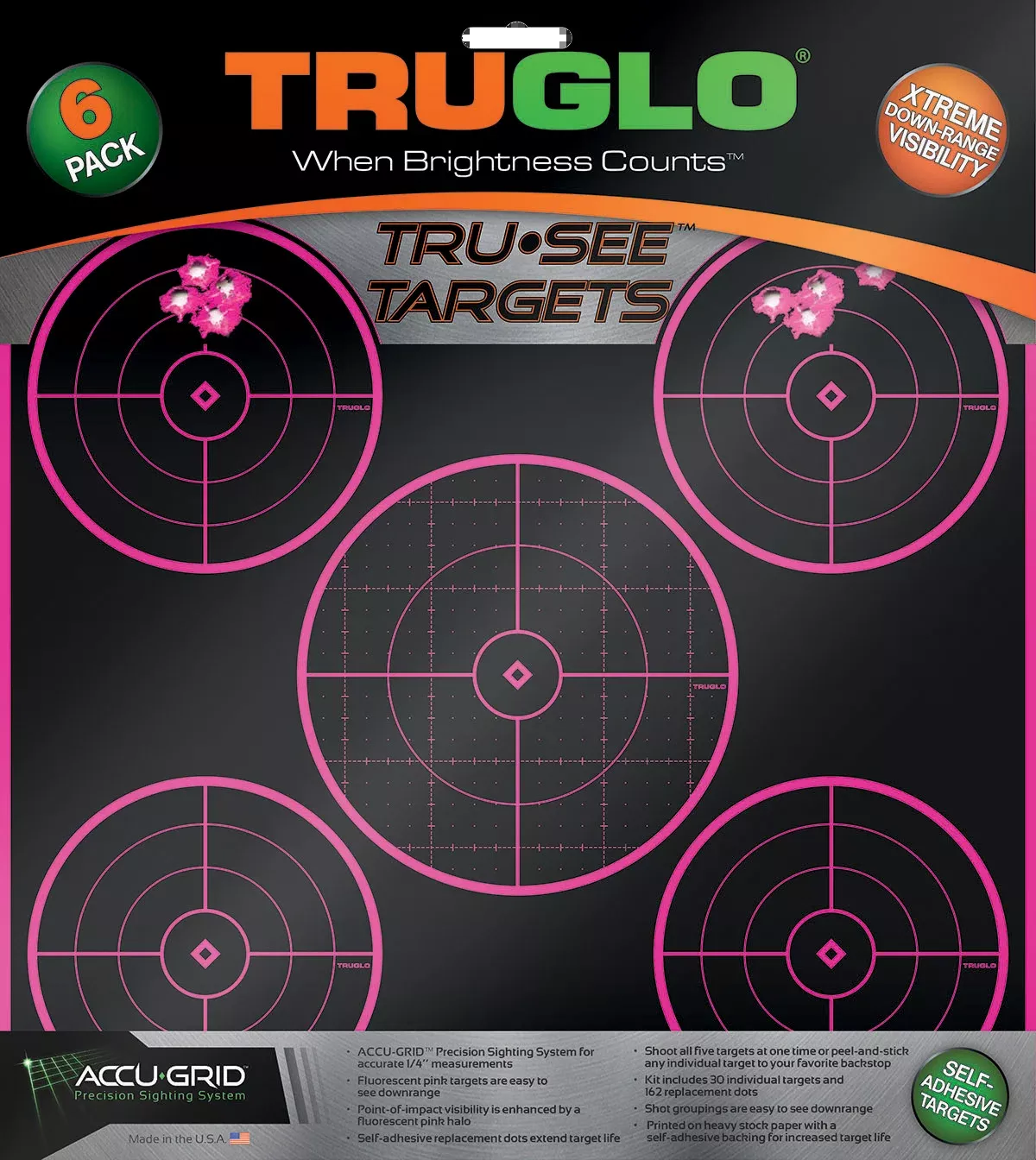 TruGlo Tru-See TG11P6 5-Bull Splatter 12"x12" Self-Adhesive Paper Target - Black/Pink 6 Pack