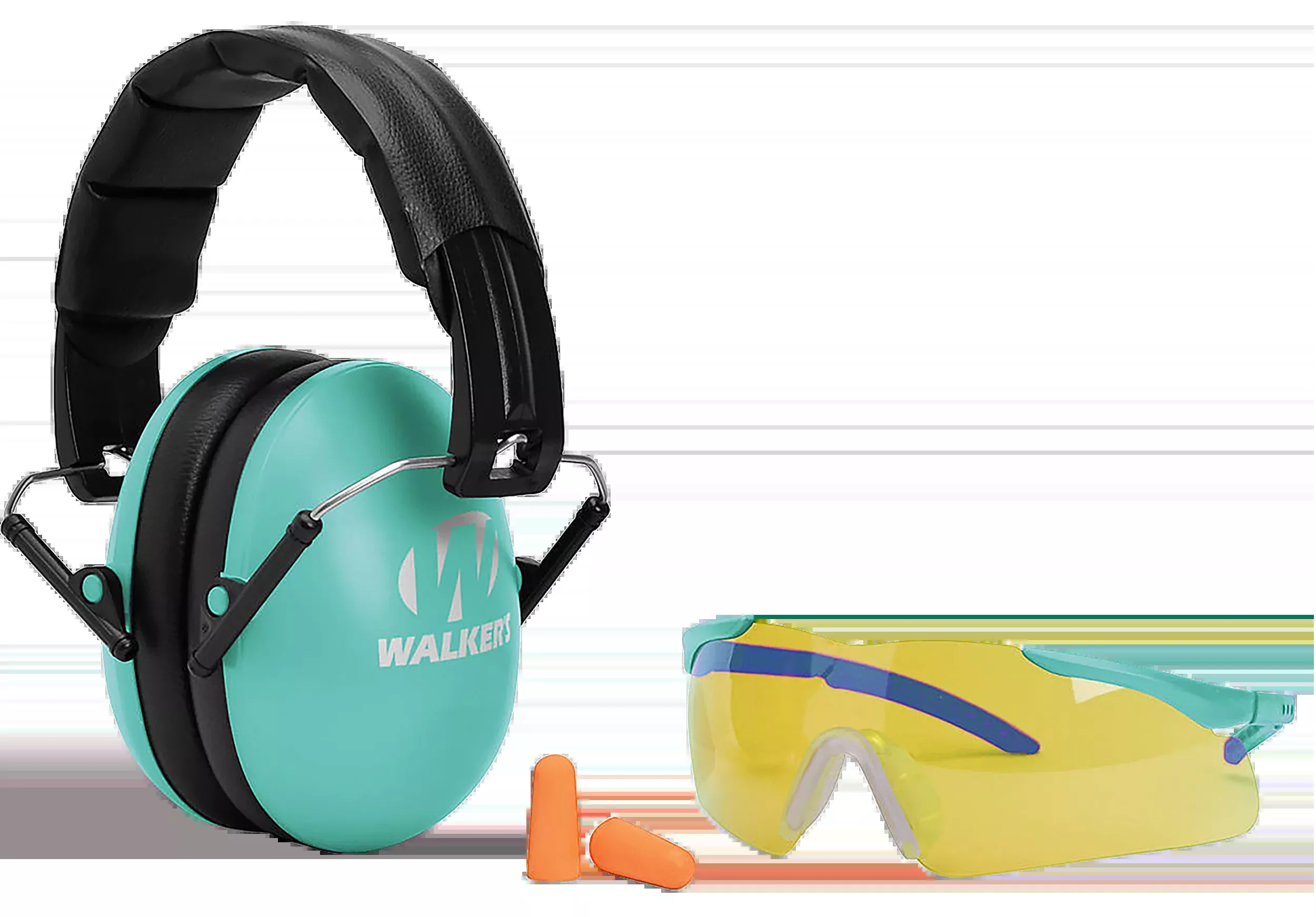Walkers Game Ear Youth/Women Folding Muff Combo 23 dB Over the Head Black/Teal Polymer w/ Foam Earplugs & Shooting Glasses