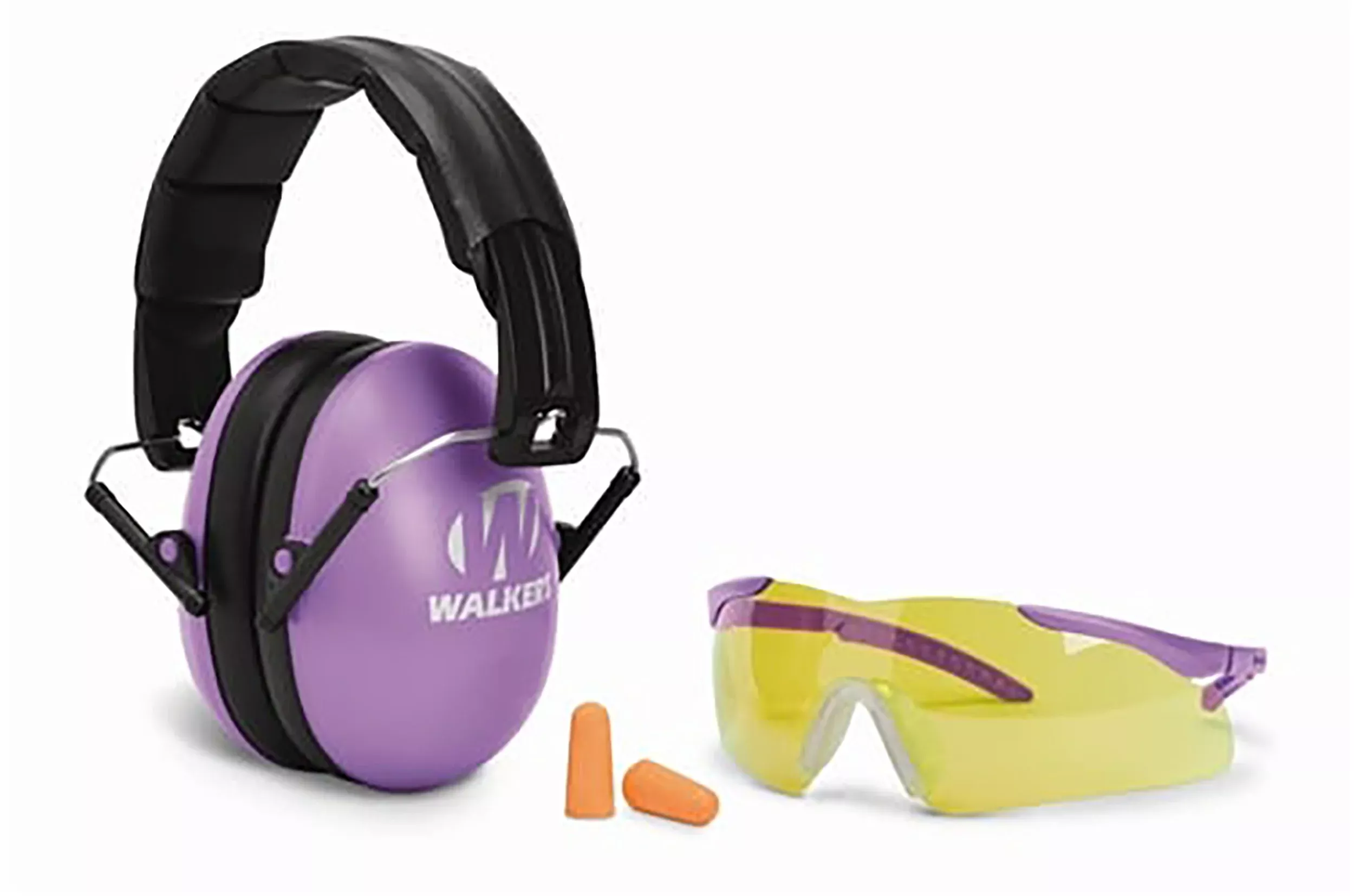 Walkers Game Ear Youth/Women Folding Muff Combo 23 dB Over the Head Purple/Black Polymer w/ Foam Earplugs & Shooting Glasses