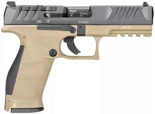Walther Arms 2858380 PDP9mm Luger 18+1 4.50" Black Polygonal Rifled Barrel, Black Optic Ready/Serrated Slide, Tan Polymer Frame w/Picatinny Rail, Black Performance Duty Texture Grips, Ambidextrous