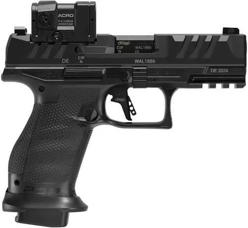 Walther Arms PDP Pro ACRO Compact 9mm Luger 10+1 4" Black Polygonal Rifled Barrel, Serrated w/Optic Slide, Black Polymer Frame w/Picatinny Rail, Textured Polymer Grip, Aimpoint Acro P-2 Red Dot