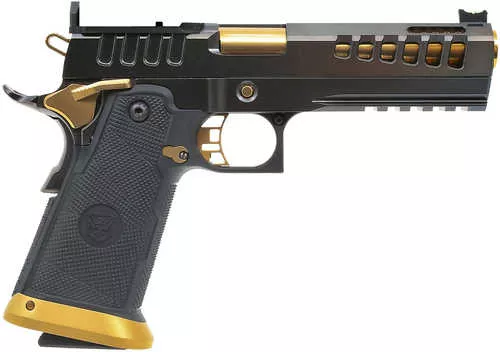 Watchtower Firearms Demolitia Elite Package Full Size Frame Pistol 9mm Luger 20+1 5" Gold Plated PVD Ported Barrel, Graphite PVD Optic Cut/Serrated Steel Slide, Graphite PVD Frame, Black Textured Grip