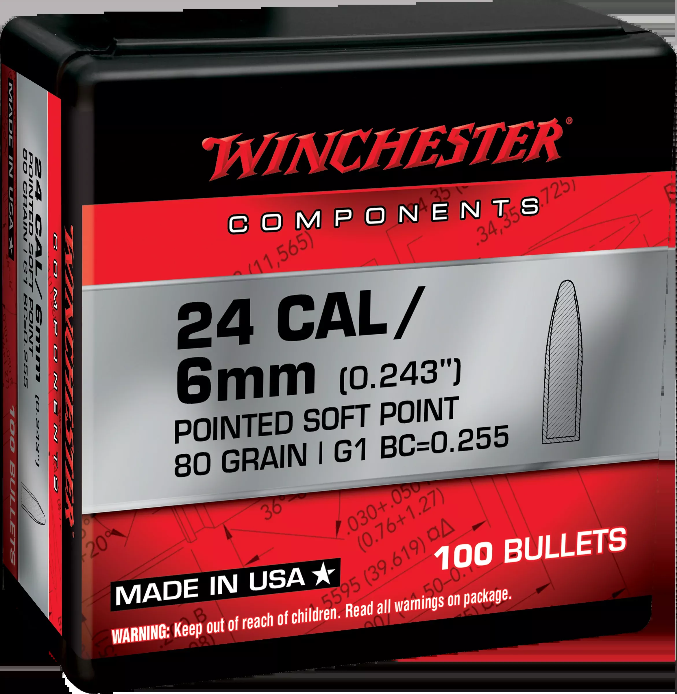 Winchester Ammo .243 Winchester 80gr Pointed Soft Point Reloading Bullets - 100/Box