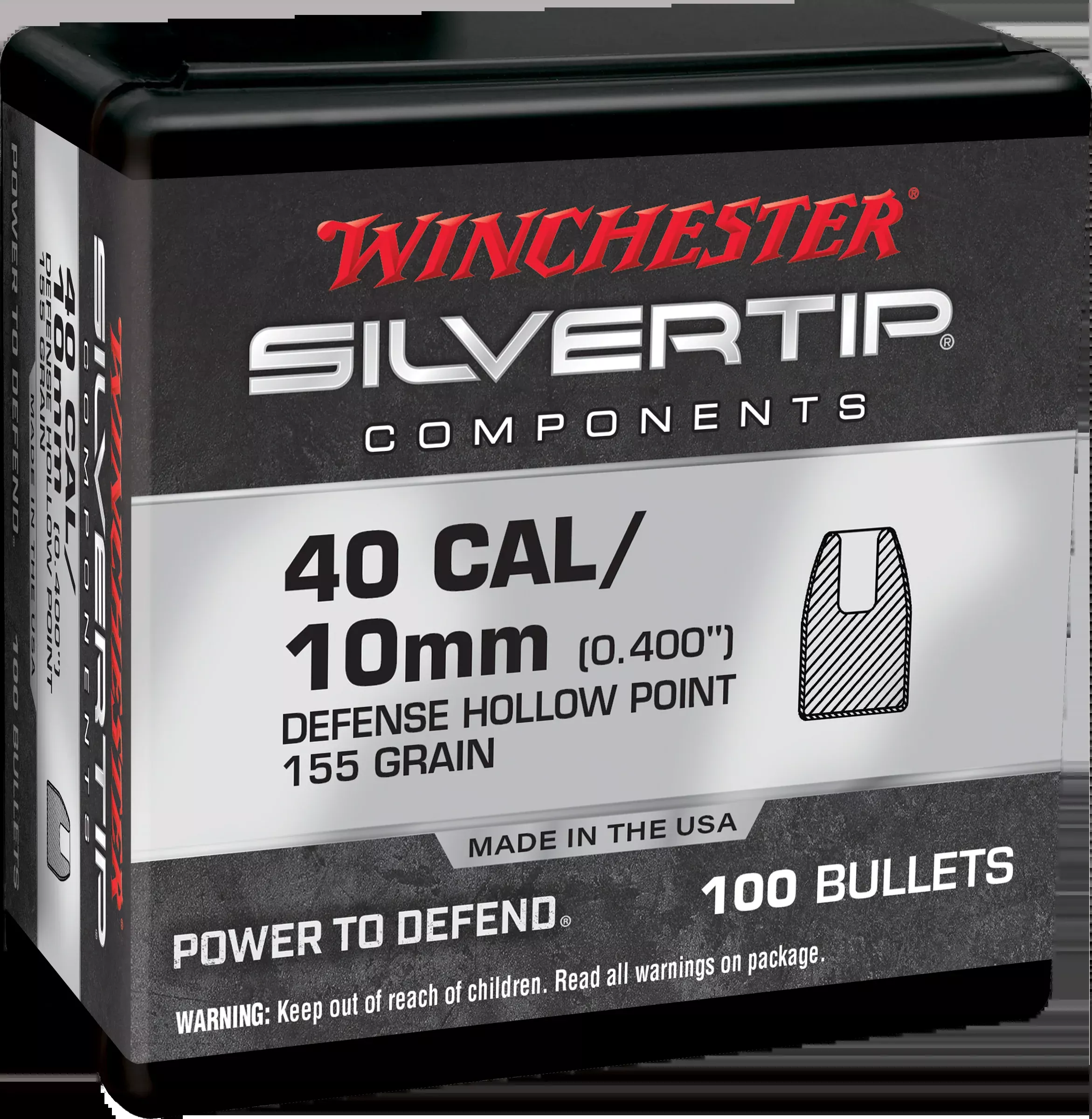 Winchester Ammo Centerfire Handgun 40 S&W 155gr Silvertip Hollow Point Reloading Bullets - 100/Box