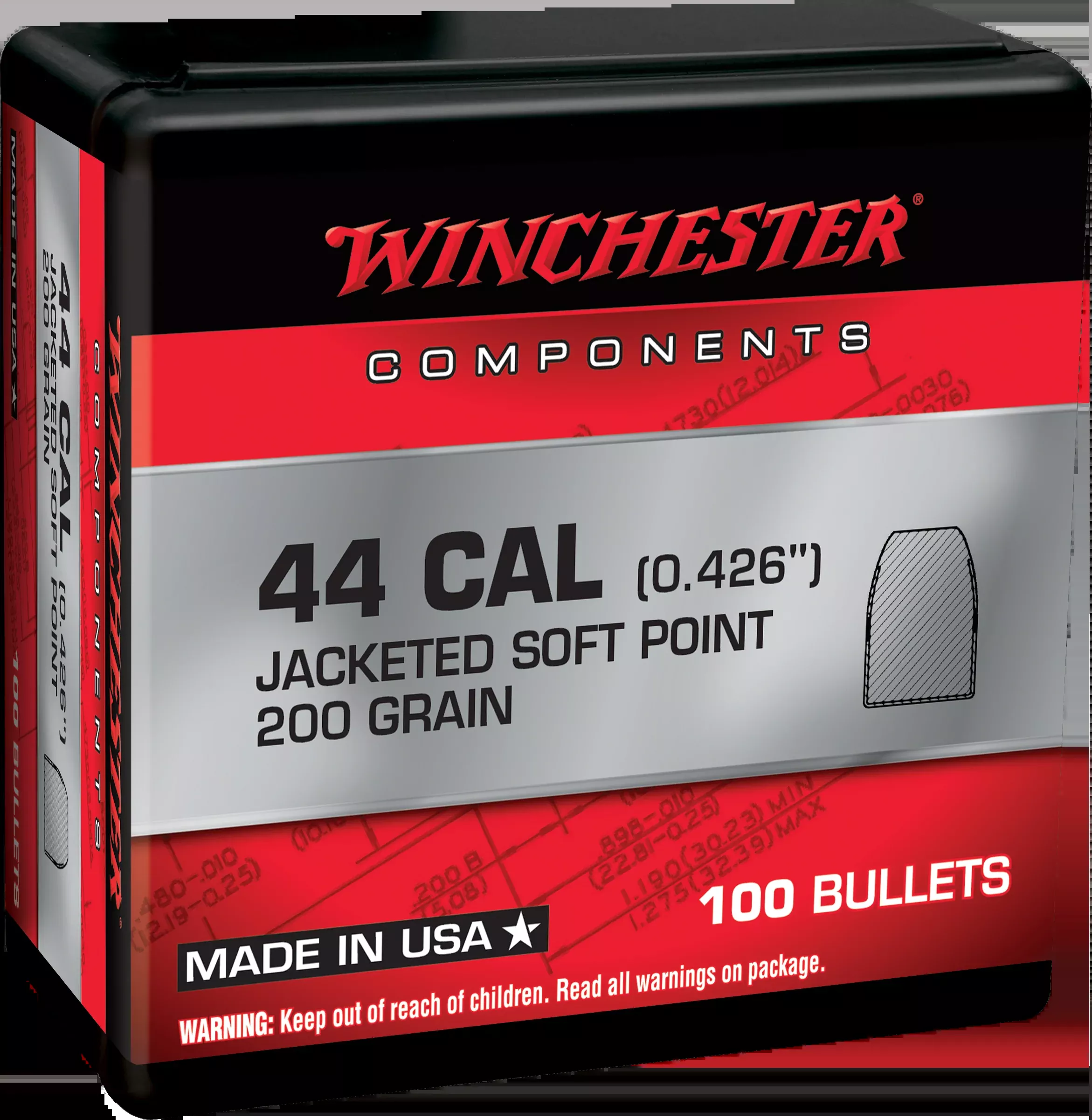 Winchester Ammo Centerfire Handgun 44 Remington Magnum 200 gr Soft Point Reloading Bullets - 100/Box