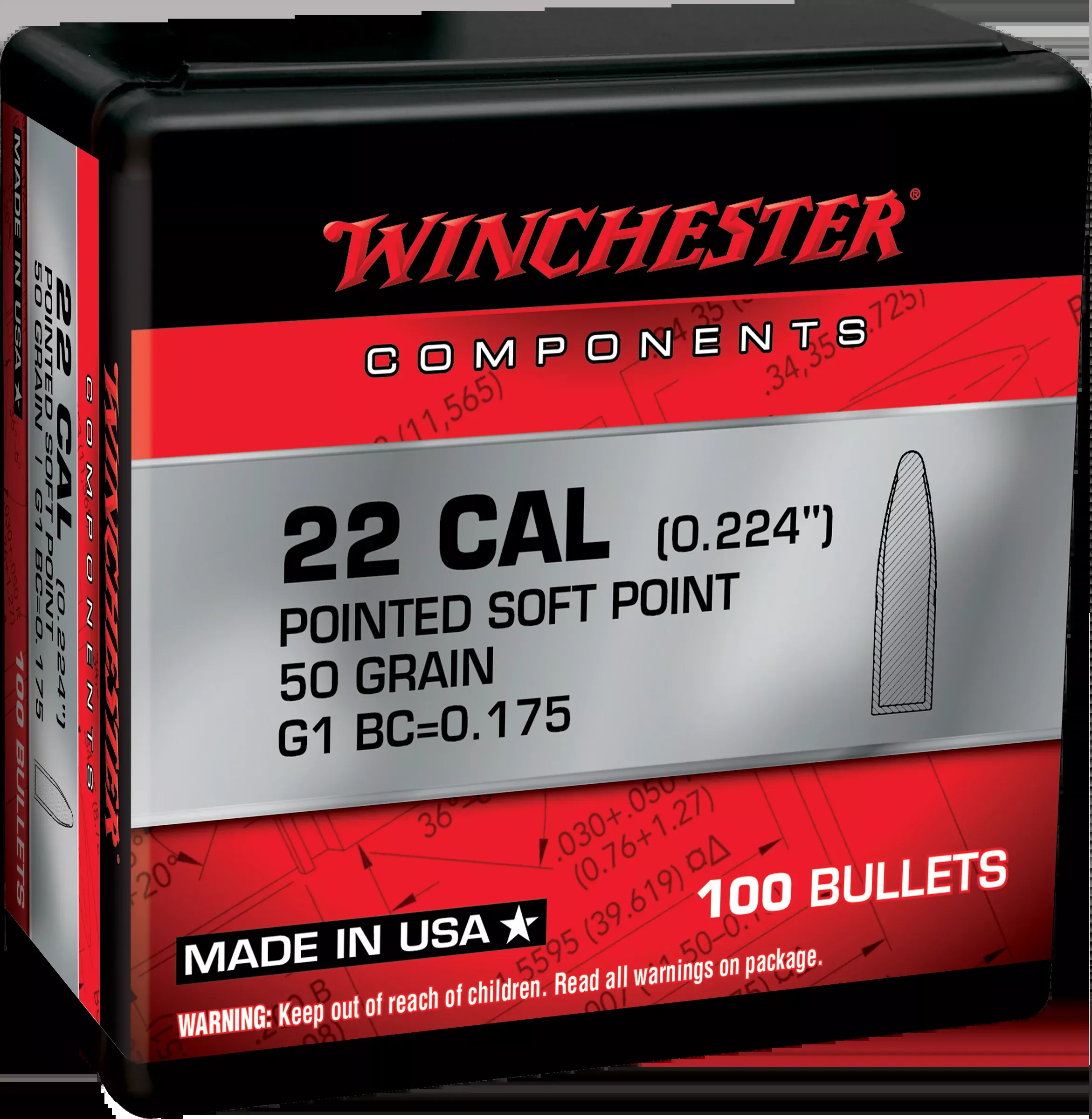 Winchester Ammo Centerfire Rifle 222 Rem 50gr Pointed Soft Point Reloading Bullets - 100 Per Box