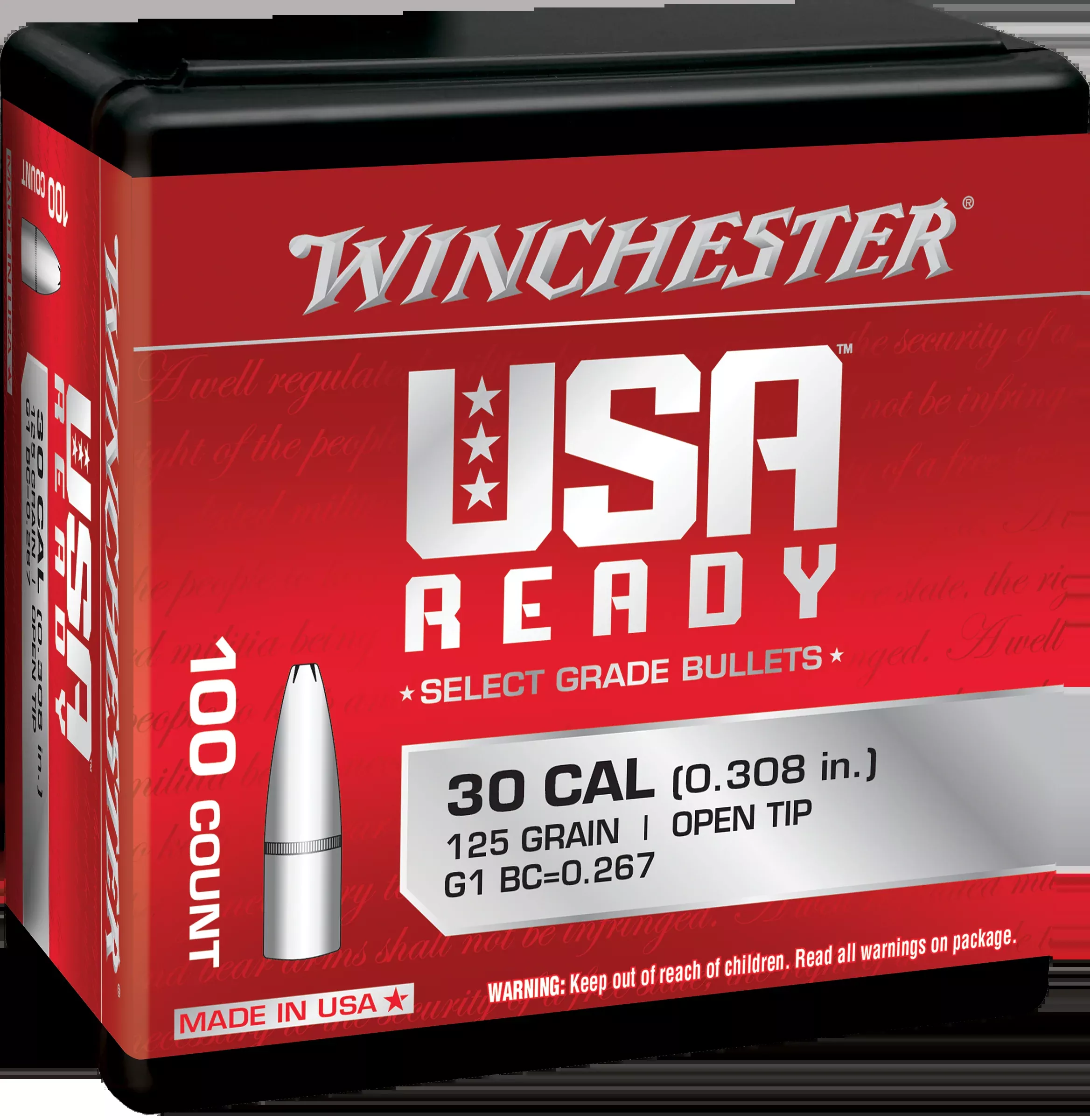 Winchester Ammo Centerfire Rifle .308 125gr Open Tip Reloading Bullets - 100/Box