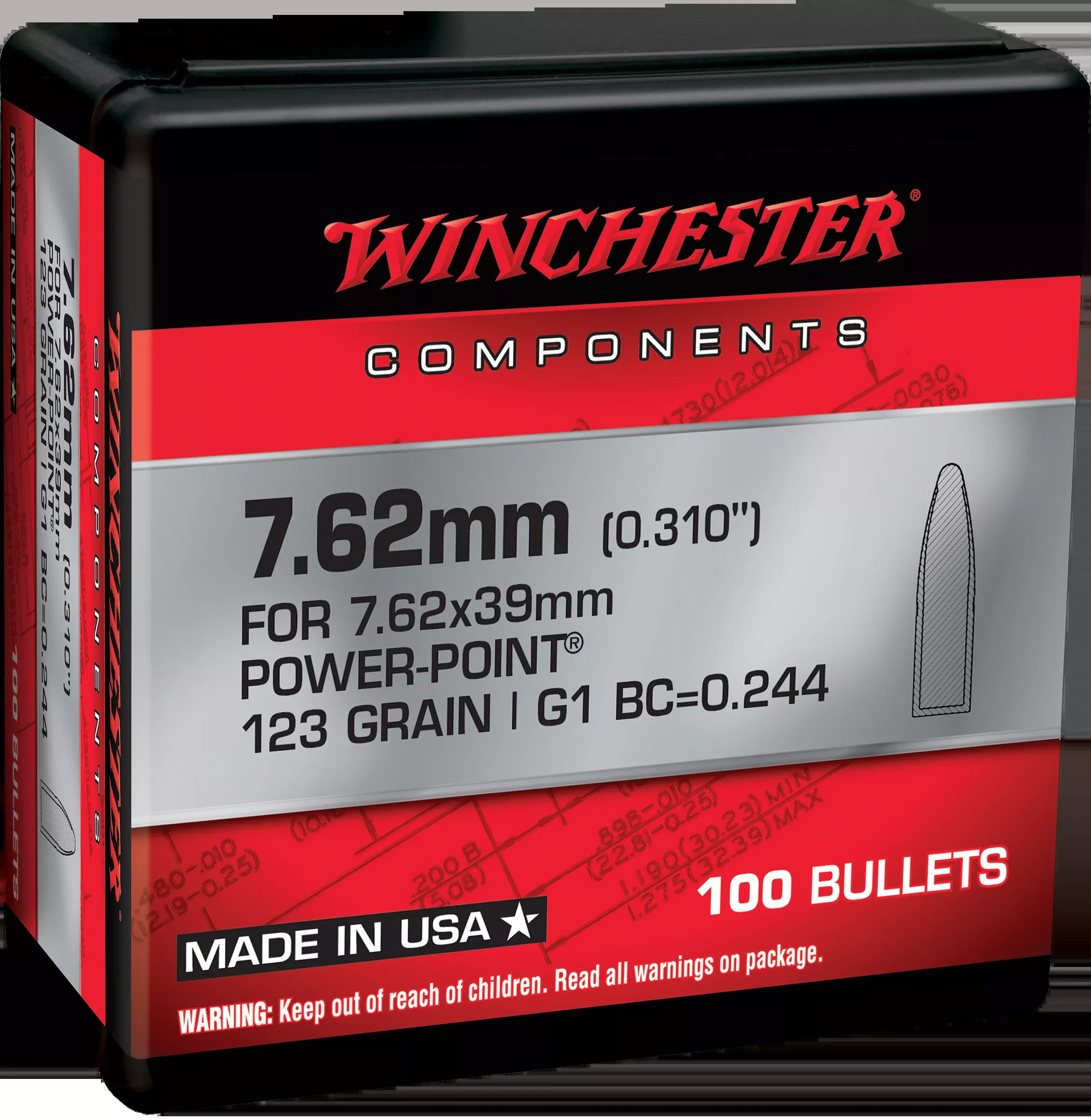 Winchester Ammo Centerfire Rifle 7.62mm 123gr Power Point Reloading Bullets - 100/Box