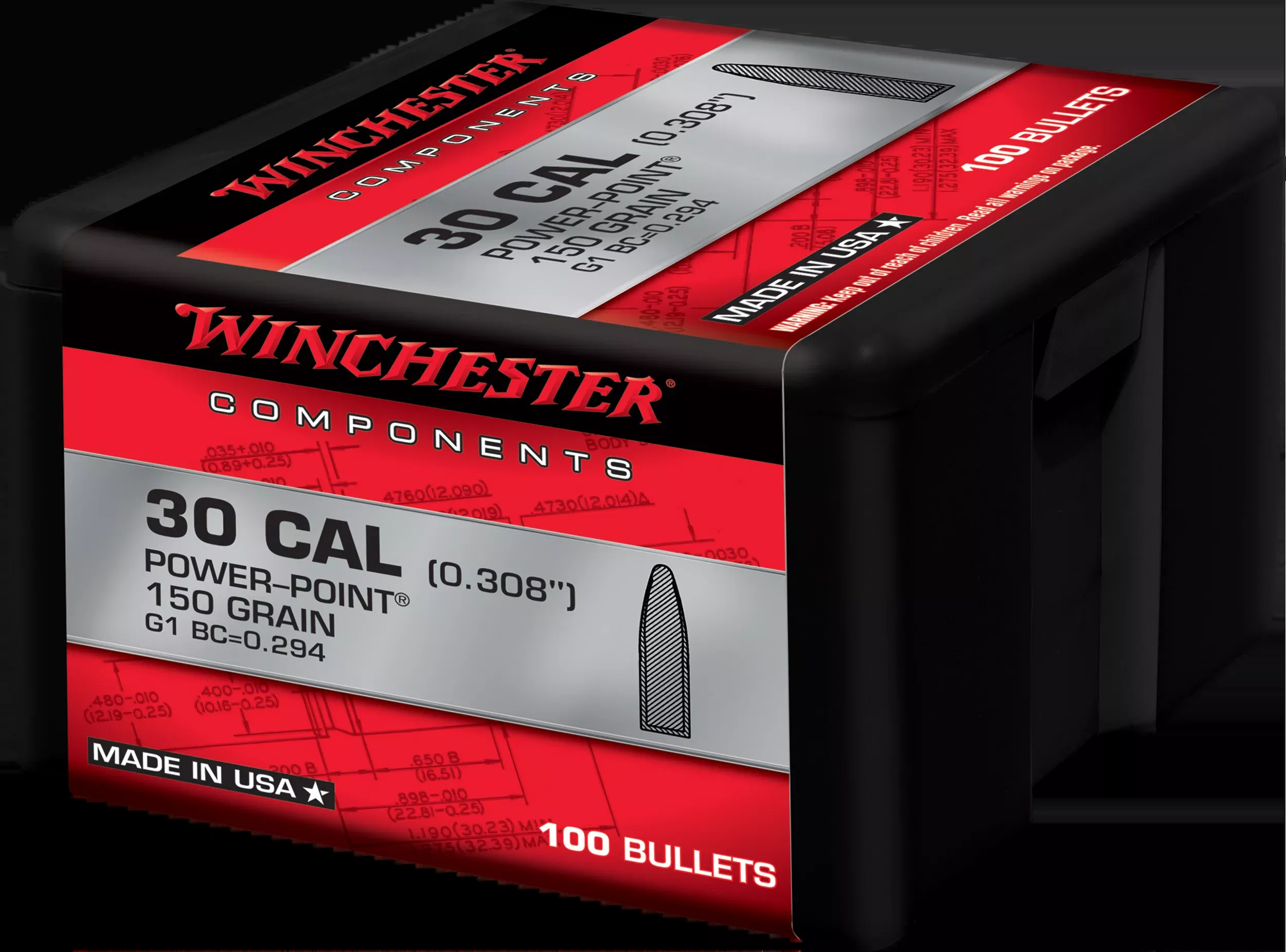 Winchester Ammo Power-Point .30 Cal .308 150gr Reloading Bullets - 100/Box
