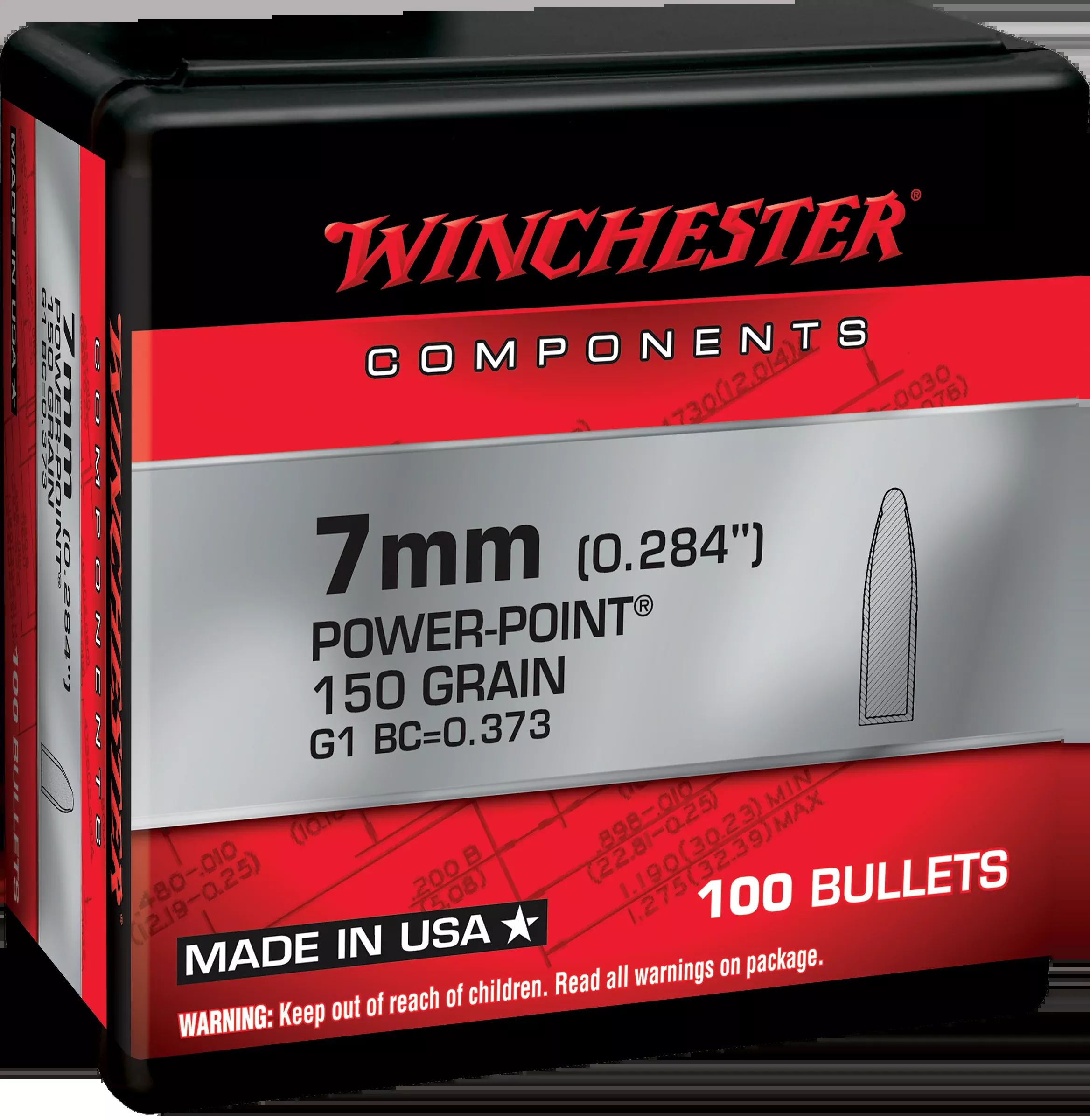 Winchester Ammo Power-Point 7mm 150gr Reloading Bullets - 100/Box