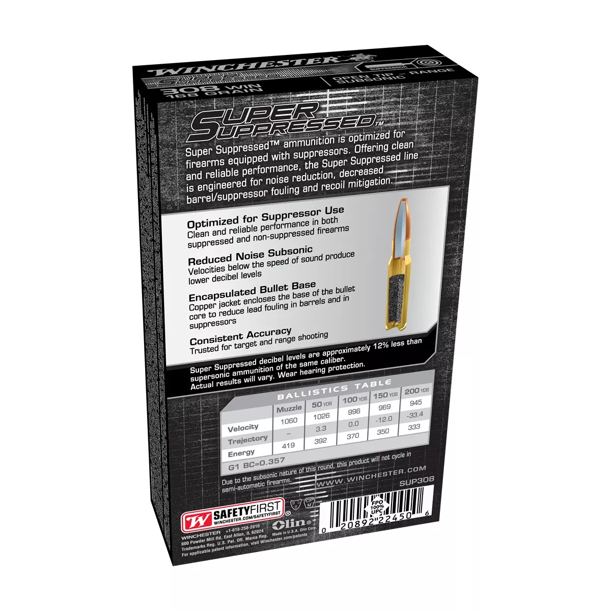 Winchester Ammo Super Suppressed 308 Win 168 gr Open Tip Range - SUP308