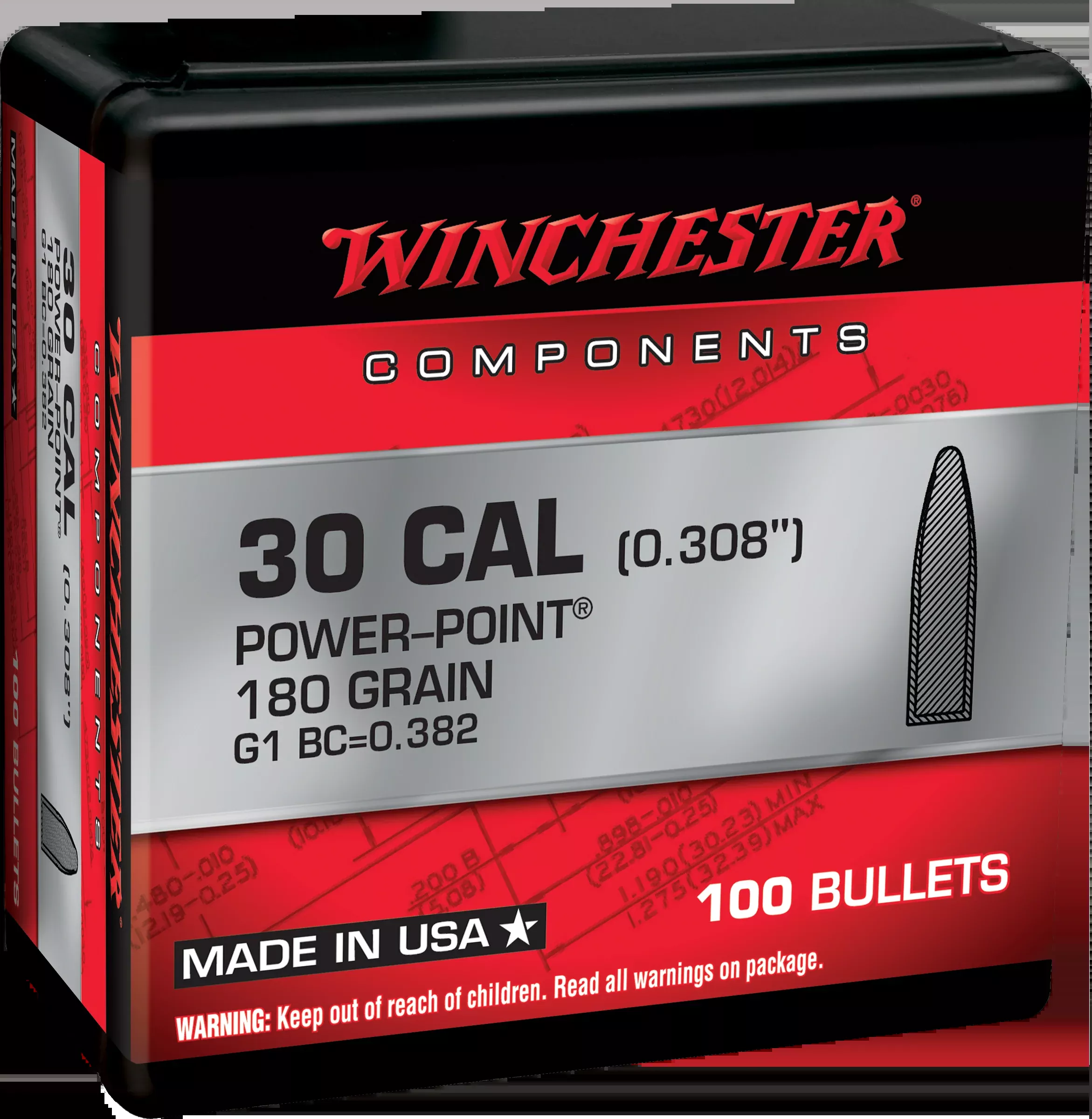 Winchester Power-Point .308 180gr Jacketed Soft Point Reloading Bullets - 100/Box